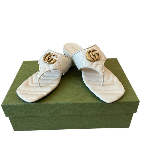 Gucci GG Marmont Matelasse Leather Flip Flop Sandals Cream White Sz 37.5 US 7.5