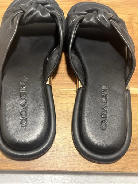 COACH Brooklyn Black Leather Knot Bow Flat Slides Sandals Sz 6 B - New