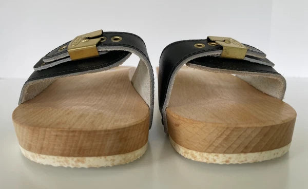 Dr. Scholl's The Original Wooden Sandals Slides Black Leather Size 6 Italy New