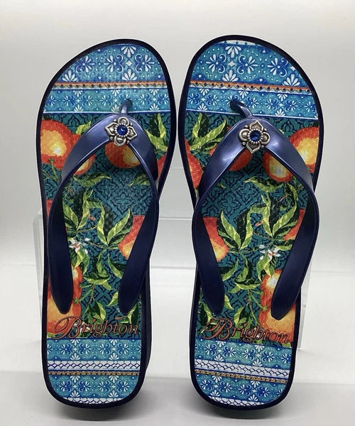 Brighton Orange Blossom Navy Wedge Flip Flops Sz 6 Silver Gem Mediterranean
