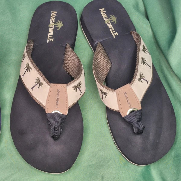 Lot 2 Margaritaville Flip Flops Breezy Wedge Style Tan & Green Palm Trees Size 8