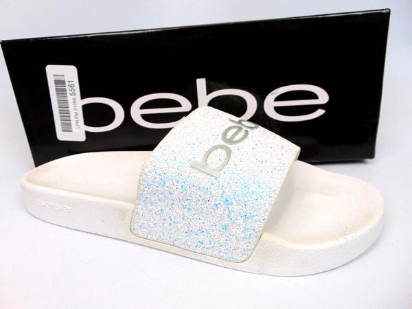 Bebe Women's Fraida Glitter Slide Fashion Sandals Flats Size 8.0 M, White Glitte