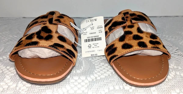J.Crew Womens Brown Tan Leopard Print Calf-Hair Beachside Slide Sandals Size 6M