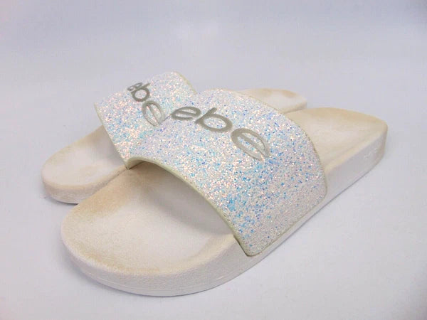 Bebe Women's Fraida Glitter Slide Fashion Sandals Flats Size 8.0 M, White Glitte