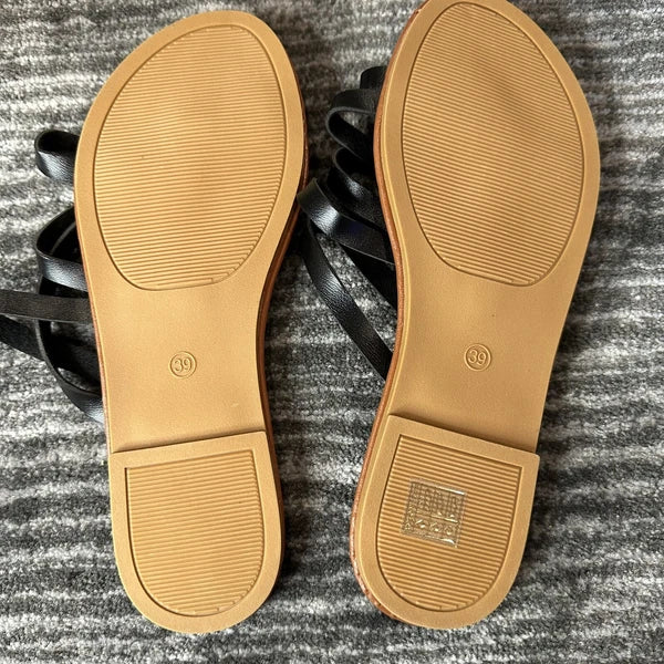 Greek Style Sandals Slides Sz 8 Flats Handmade Faux Leather Black Boho New