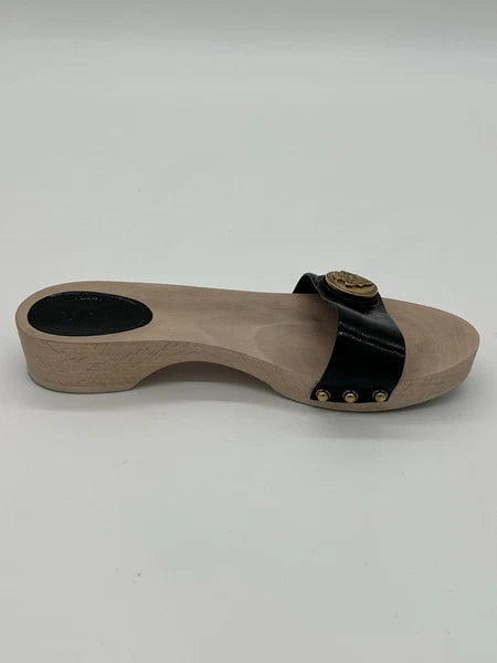 Gucci Hysteria Women Sz 8B Black Patent Leather Slide Wood Soles Fashion Sandals