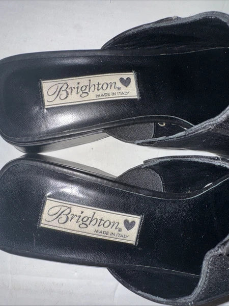Brighton Bardot Black Leather Slides Silver Accent Low Heel Sandals Size 7 1/2