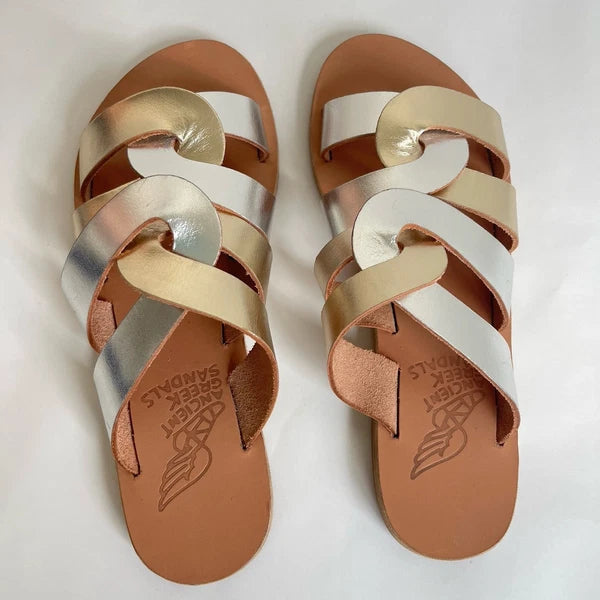 Ancient Greek Sandals Desmos Gold Silver Metallic Leather Slides 36 / US 5