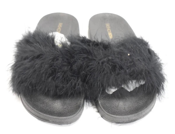Fashion Nova Moira Black Feather Boa Slides Sandals Slippers Open Toe Size 8