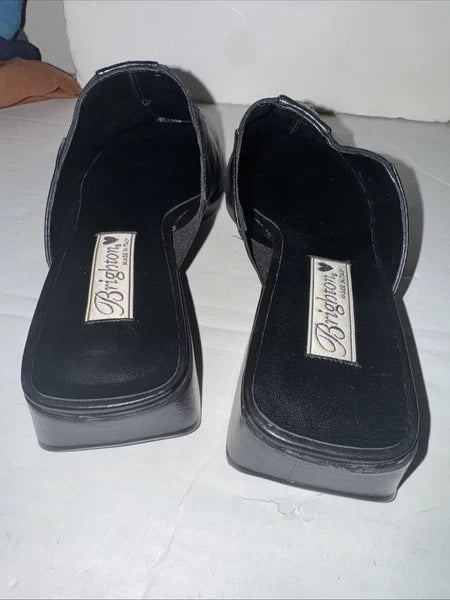Brighton Bardot Black Leather Slides Silver Accent Low Heel Sandals Size 7 1/2
