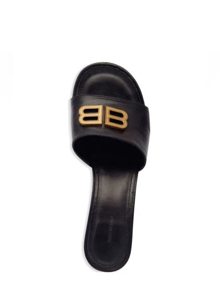 BALENCIAGA Groupie BB Logo Slide Sandal - Black/ Gold Sz 8 $875