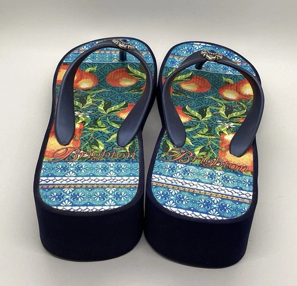 Brighton Orange Blossom Navy Wedge Flip Flops Sz 6 Silver Gem Mediterranean