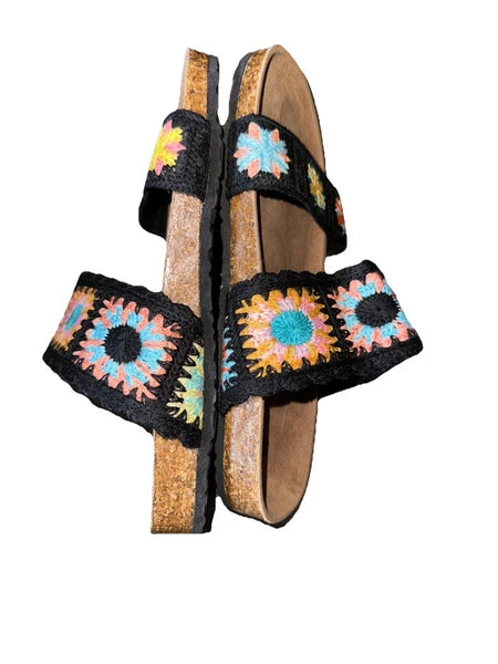 Granny Square Crochet Slip On Sandals Black Boho Comfort 70’s EU 36 US 5.5 6