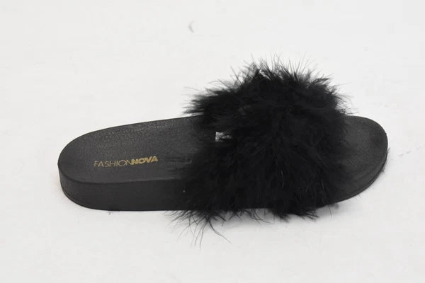 Fashion Nova Moira Black Feather Boa Slides Sandals Slippers Open Toe Size 8