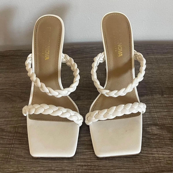 Fashion Nova Women’s White Heeled Slides Strappy Square Toe Sandals Size 8