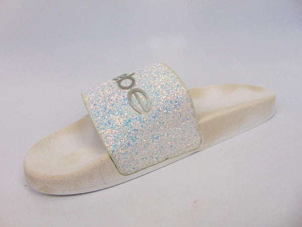Bebe Women's Fraida Glitter Slide Fashion Sandals Flats Size 8.0 M, White Glitte