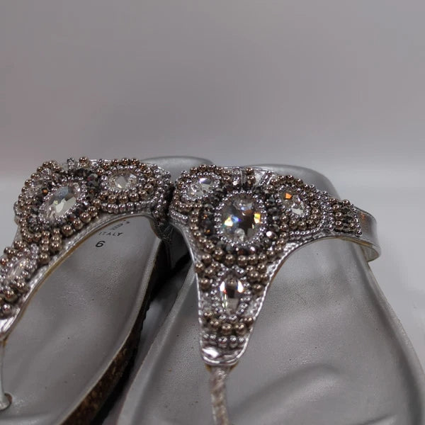 Italian Shoemakers Silver Sandals Slide Flip Flop with Rhinestones Sz 6 Bling