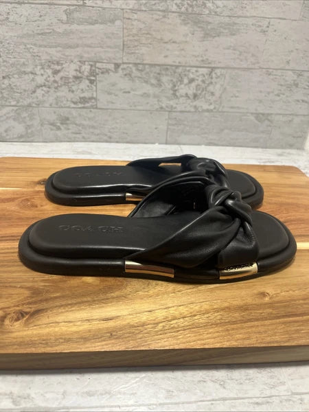 COACH Brooklyn Black Leather Knot Bow Flat Slides Sandals Sz 6 B - New
