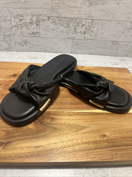 COACH Brooklyn Black Leather Knot Bow Flat Slides Sandals Sz 6 B - New