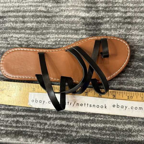 Greek Style Sandals Slides Sz 8 Flats Handmade Faux Leather Black Boho New