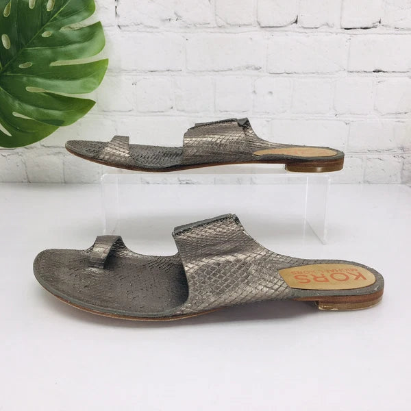 Michael Kors MK Sandals Women's 9M Metallic Gray Toe Ring Slide Flat Flip Flop