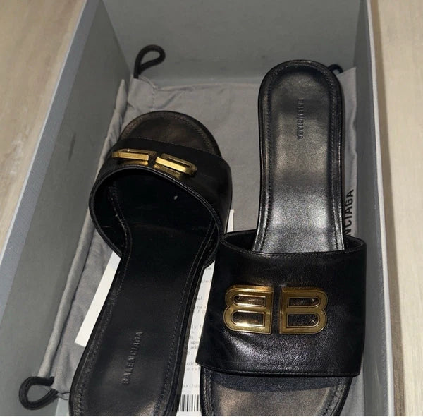 BALENCIAGA Groupie BB Logo Slide Sandal - Black/ Gold Sz 8 $875