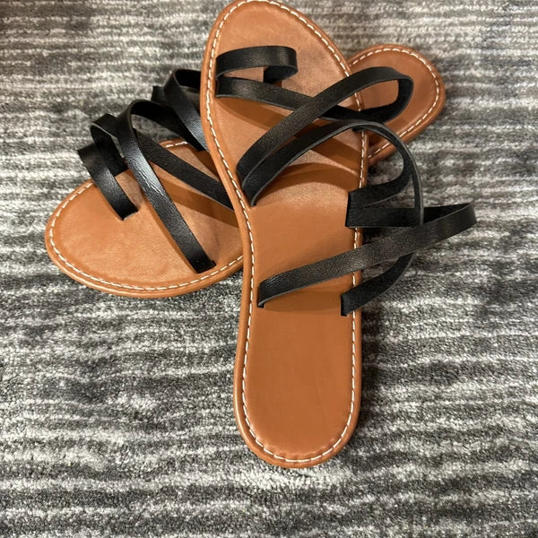Greek Style Sandals Slides Sz 8 Flats Handmade Faux Leather Black Boho New