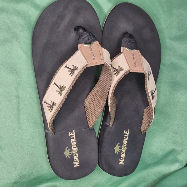 Lot 2 Margaritaville Flip Flops Breezy Wedge Style Tan & Green Palm Trees Size 8