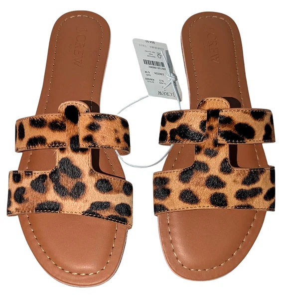 J.Crew Womens Brown Tan Leopard Print Calf-Hair Beachside Slide Sandals Size 6M