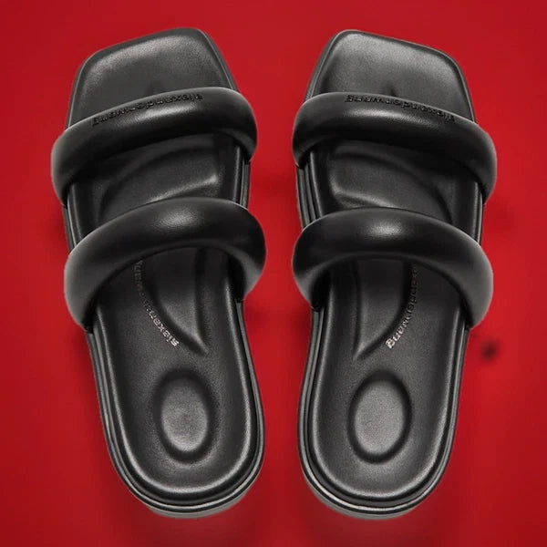 Alexander Wang • Jay Flatform Sandals • Black • Leather • Square Toe Slides •New