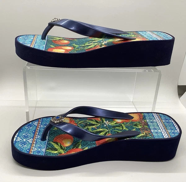 Brighton Orange Blossom Navy Wedge Flip Flops Sz 6 Silver Gem Mediterranean