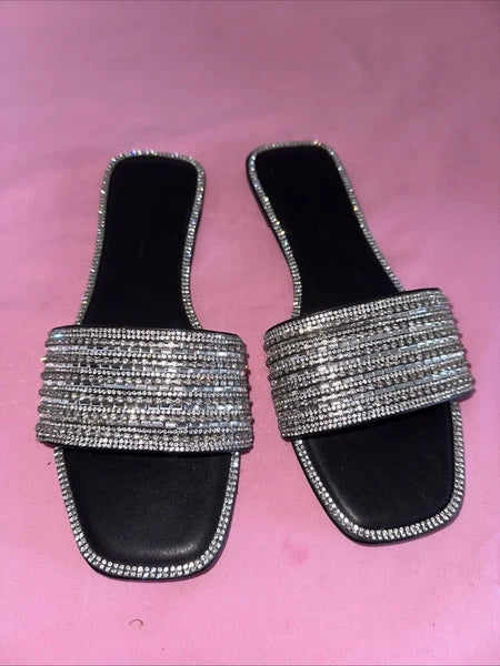 Fashion nova silver rhinestone sandals slide size 8