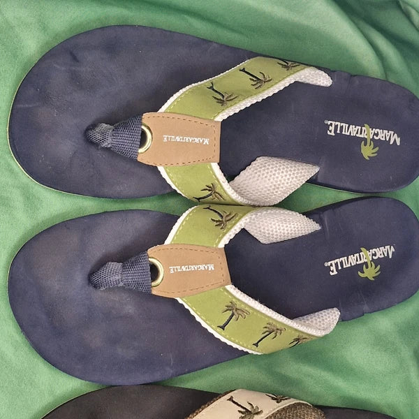 Lot 2 Margaritaville Flip Flops Breezy Wedge Style Tan & Green Palm Trees Size 8