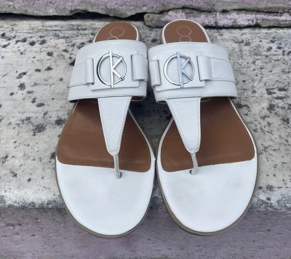 Calvin Klein Farley White/Silver Leather Sandals Women’s Size 11 – Chic Style