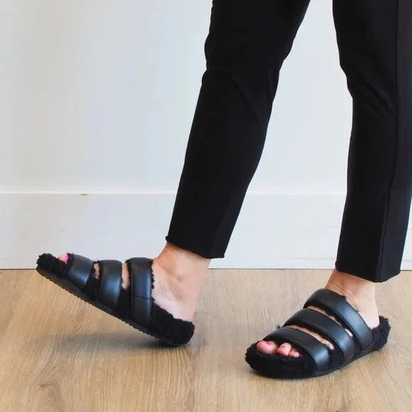 ROAM NIB $139 Black 3 Strap Faux Leather Fuzzy Slide Sandals Sz 11