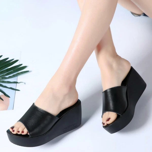 Womens Leather Slipper Wedge Heel Mules Sandals Platform Shoes Fashion Slides