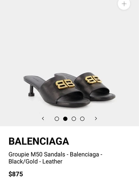BALENCIAGA Groupie BB Logo Slide Sandal - Black/ Gold Sz 8 $875