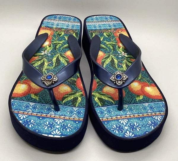 Brighton Orange Blossom Navy Wedge Flip Flops Sz 6 Silver Gem Mediterranean