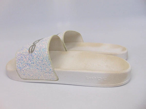 Bebe Women's Fraida Glitter Slide Fashion Sandals Flats Size 8.0 M, White Glitte