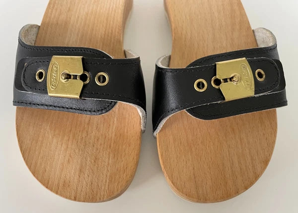 Dr. Scholl's The Original Wooden Sandals Slides Black Leather Size 6 Italy New
