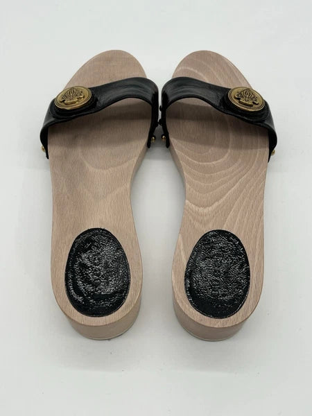 Gucci Hysteria Women Sz 8B Black Patent Leather Slide Wood Soles Fashion Sandals