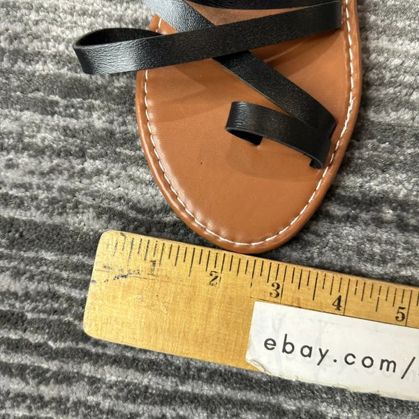 Greek Style Sandals Slides Sz 8 Flats Handmade Faux Leather Black Boho New