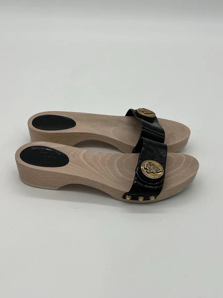 Gucci Hysteria Women Sz 8B Black Patent Leather Slide Wood Soles Fashion Sandals