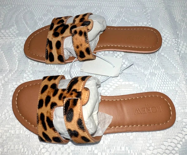 J.Crew Womens Brown Tan Leopard Print Calf-Hair Beachside Slide Sandals Size 6M