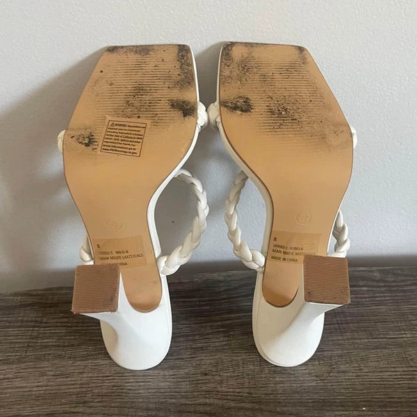 Fashion Nova Women’s White Heeled Slides Strappy Square Toe Sandals Size 8