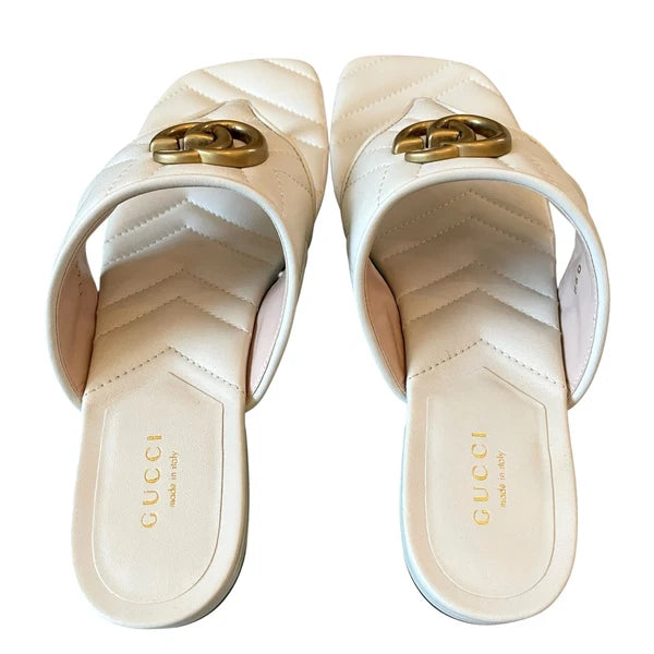 Gucci GG Marmont Matelasse Leather Flip Flop Sandals Cream White Sz 37.5 US 7.5