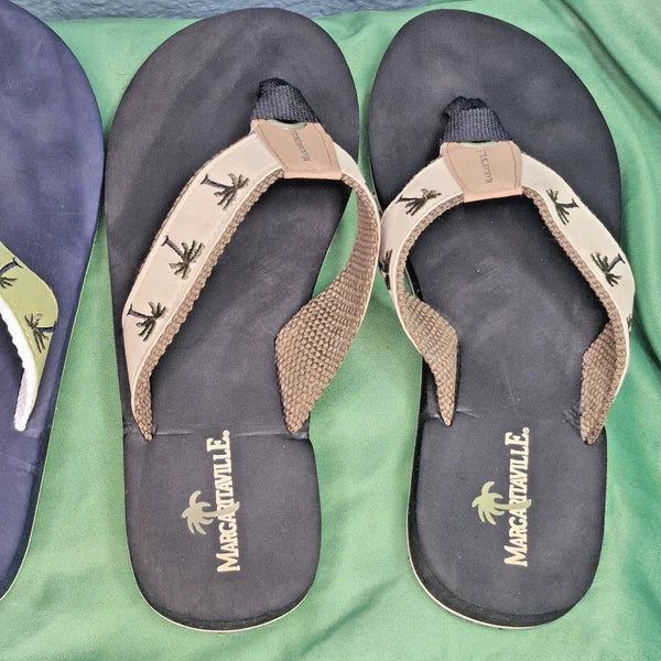 Lot 2 Margaritaville Flip Flops Breezy Wedge Style Tan & Green Palm Trees Size 8