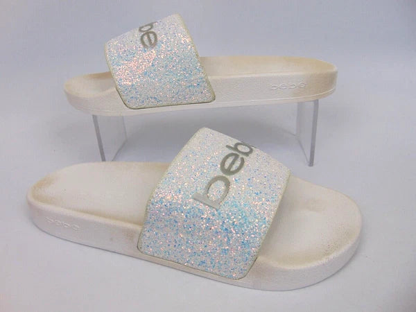 Bebe Women's Fraida Glitter Slide Fashion Sandals Flats Size 8.0 M, White Glitte