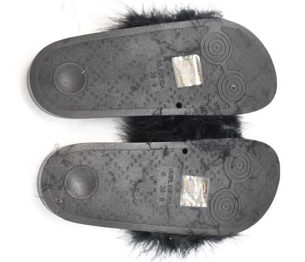 Fashion Nova Moira Black Feather Boa Slides Sandals Slippers Open Toe Size 8