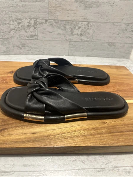 COACH Brooklyn Black Leather Knot Bow Flat Slides Sandals Sz 6 B - New